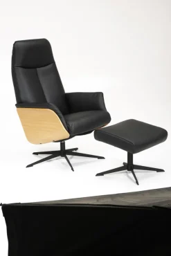 CASAVANTI Ledersessel mit Hocker SOLEDA 2-teilig schwarz /Eiche