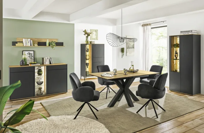 Vitrinenschrank COMO 81 x 180 cm Anthrazit matt Lack/Asteiche-Dekor